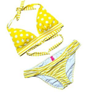 Victoria's Secret Yellow Polka Dot Striped Bikini Set Halter Top Bottoms Small